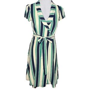 ModCloth Striped Wrap Dress Cream Green Navy Blue Size Small